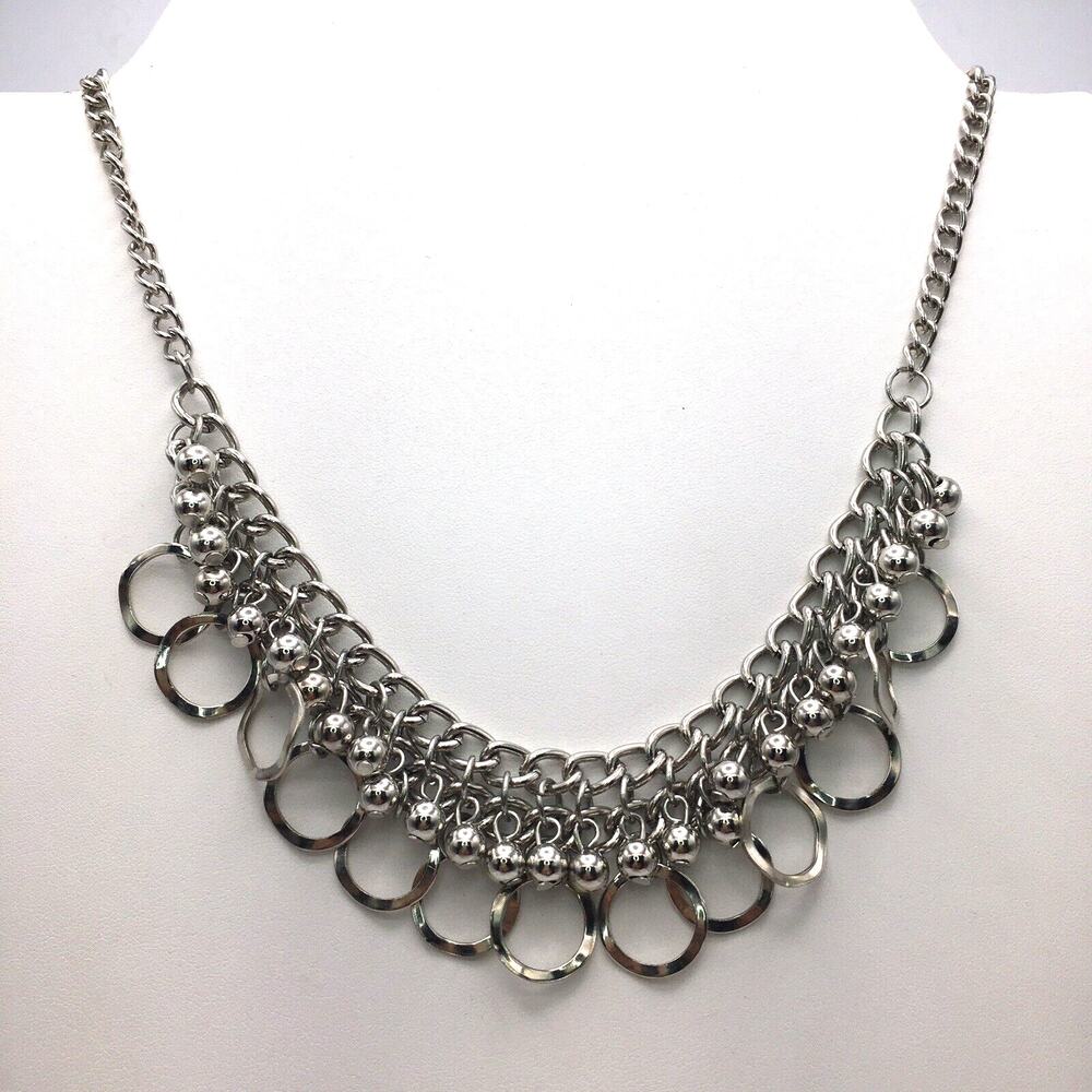 Silver Tone Circle Dangle Fringed Micro Bib Choker Necklace Chainmaille